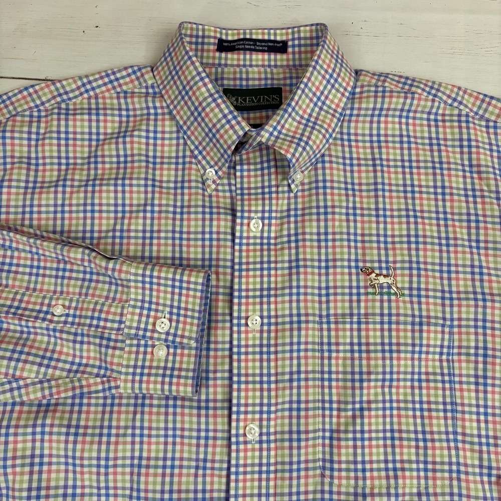 Kevin's Plantation Shirt Mens Large Multicolor Check Non-Iron Dog Embroidered